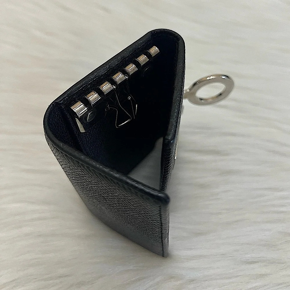 BVLGARI - BLACK SILVER TEXTURED LEATHER COMPACT KEY HOLDER CASE WALLET
